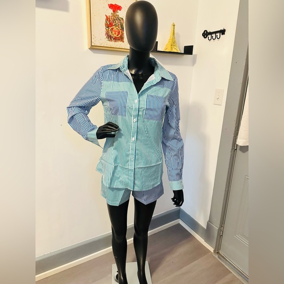 GREEN/BLUE COLORBLOCK STRIPED PRINT SHIRT DRAWSTRING SHORTS SET - Picture 6 of 11